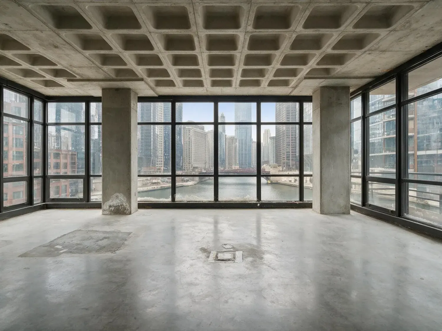 Before and after of a raw concrete-and-steel chicago river penthouse, a blank skyline-facing shell transformed into a sophisticated masculine urban retreat — original listing photo before editing