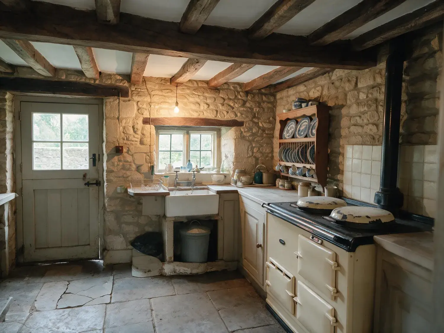 Before and after of a honey-stone cotswolds cottage kitchen with an aga and beamed ceiling, rescued from dreary flat capture into a warm storybook glow — enhanced by Plotpane