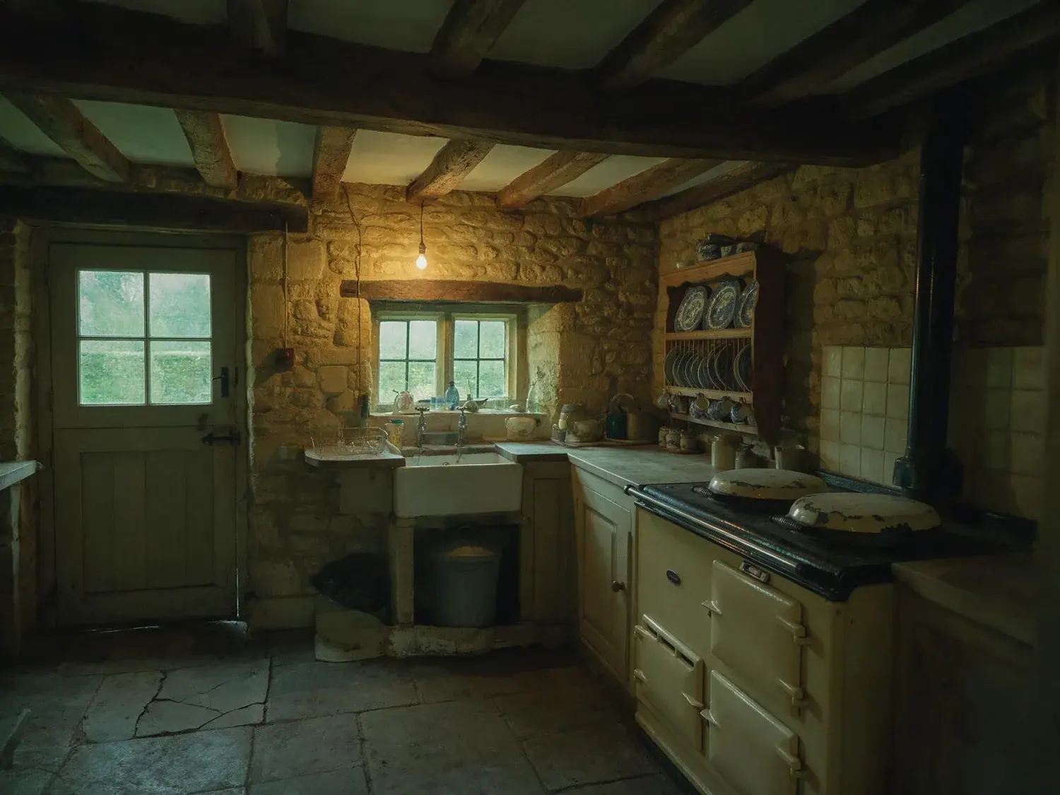 Before and after of a honey-stone cotswolds cottage kitchen with an aga and beamed ceiling, rescued from dreary flat capture into a warm storybook glow — original listing photo before editing