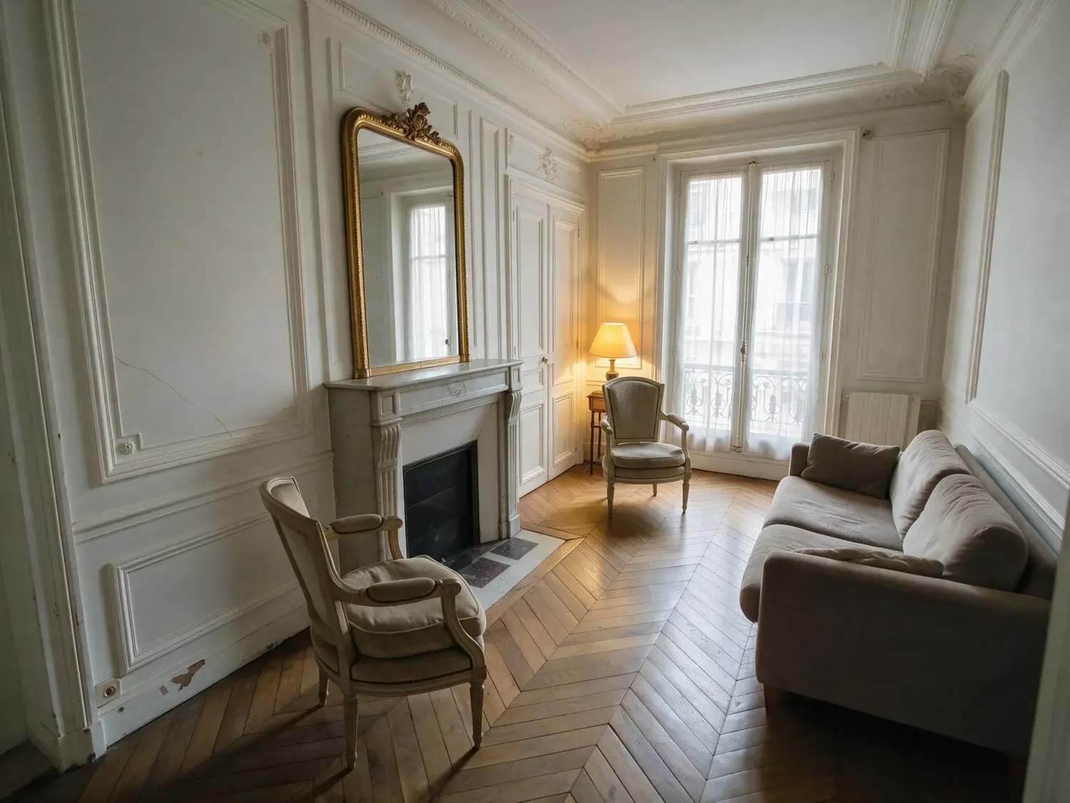 Before and after of a classic parisian salon with herringbone parquet and boiserie, lifted from murky underexposure to crisp editorial clarity — enhanced by Plotpane