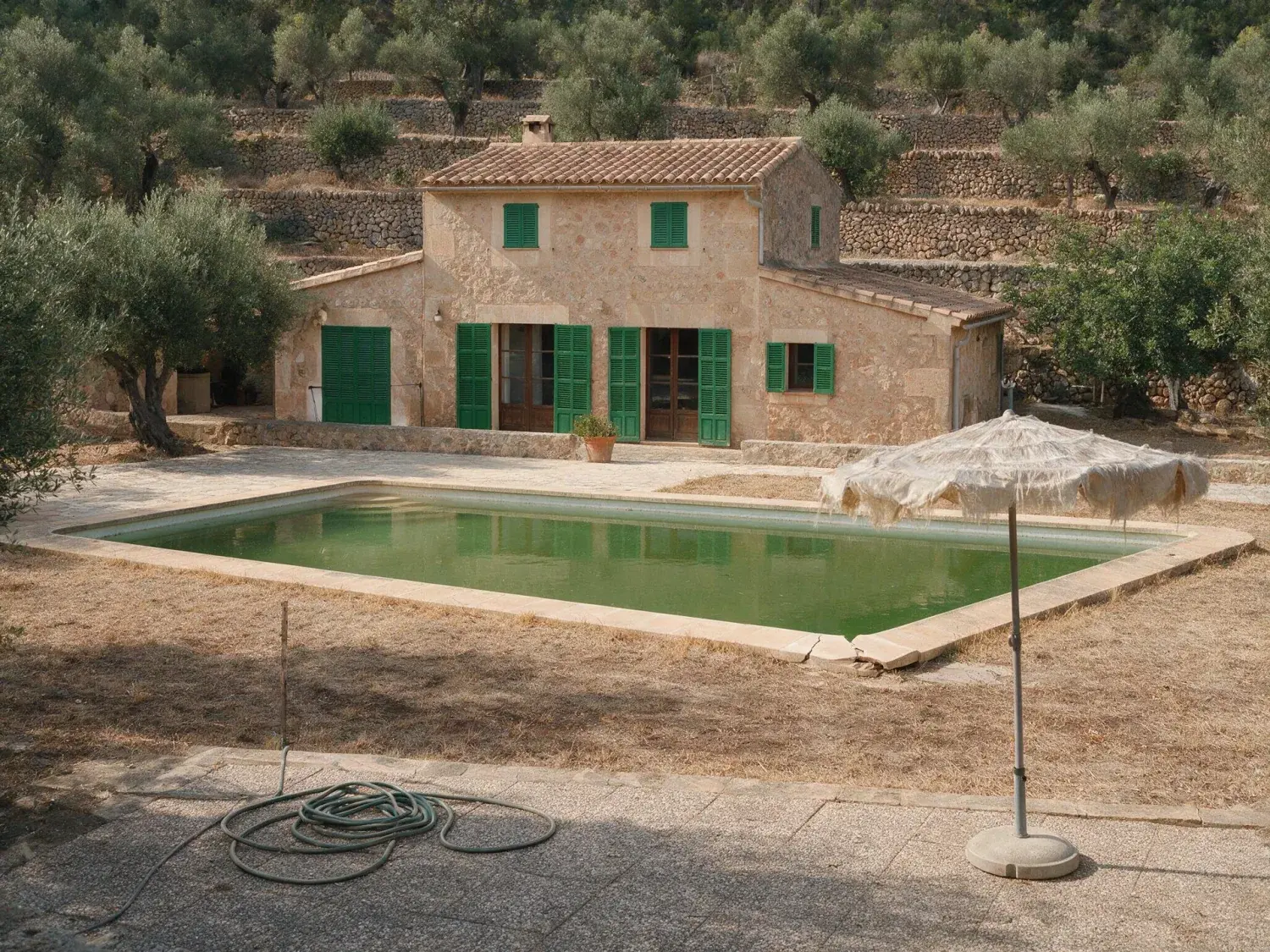 Before and after of a mallorcan finca whose burnt lawn and clouded pool water are brought back within their existing boundaries — original listing photo before editing