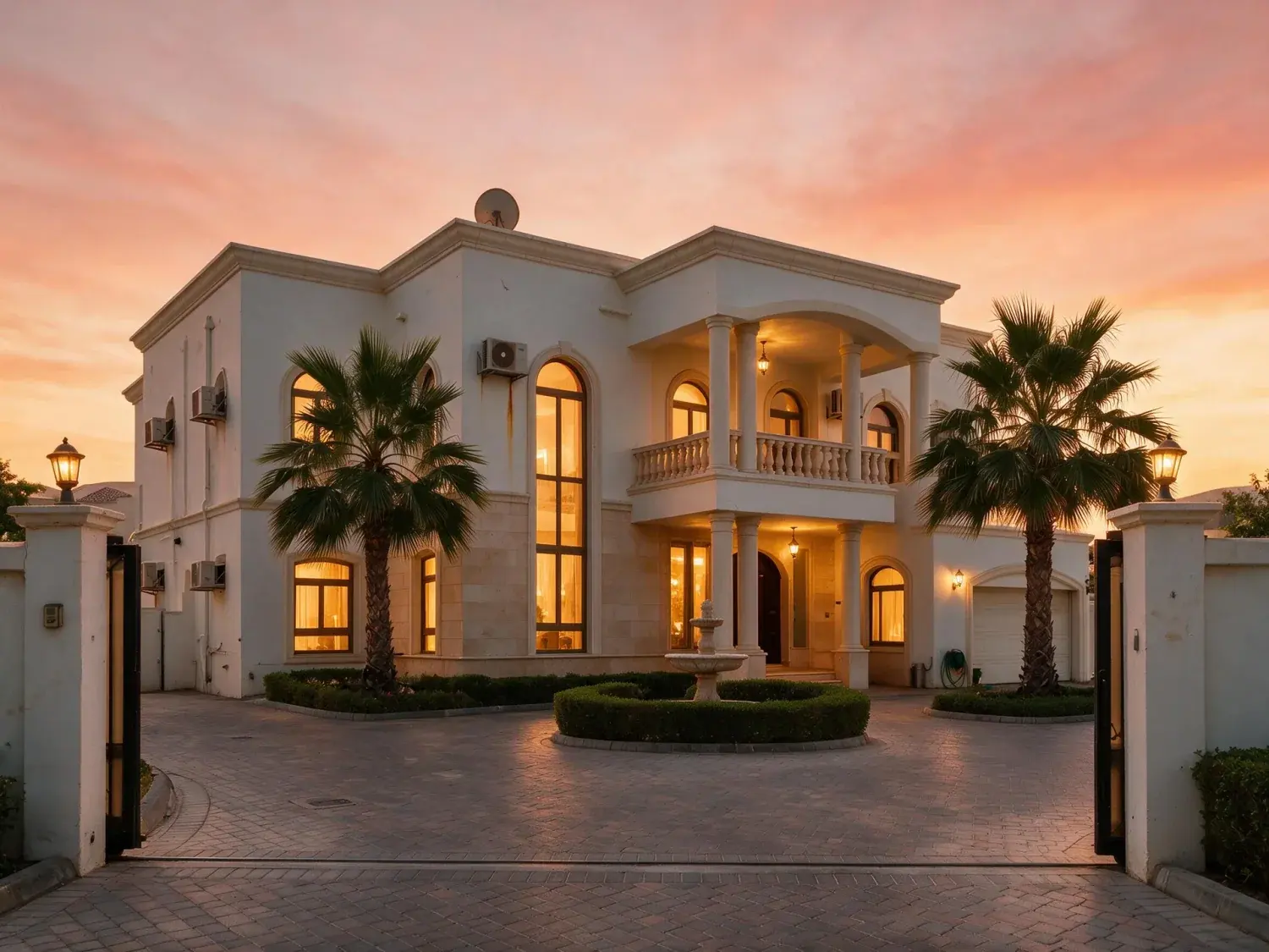 Before and after of an emirates hills villa front elevation shot at flat 2pm, with the windows dark and every exterior light off — enhanced by Plotpane