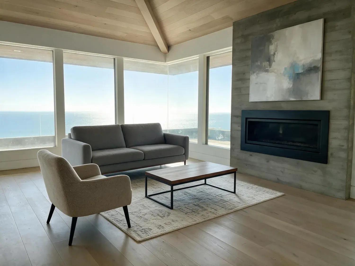 Before and after of a cantilevered malibu glass villa perched over the pacific, the living room an empty sunlit stage waiting to become a buyer's dream — enhanced by Plotpane