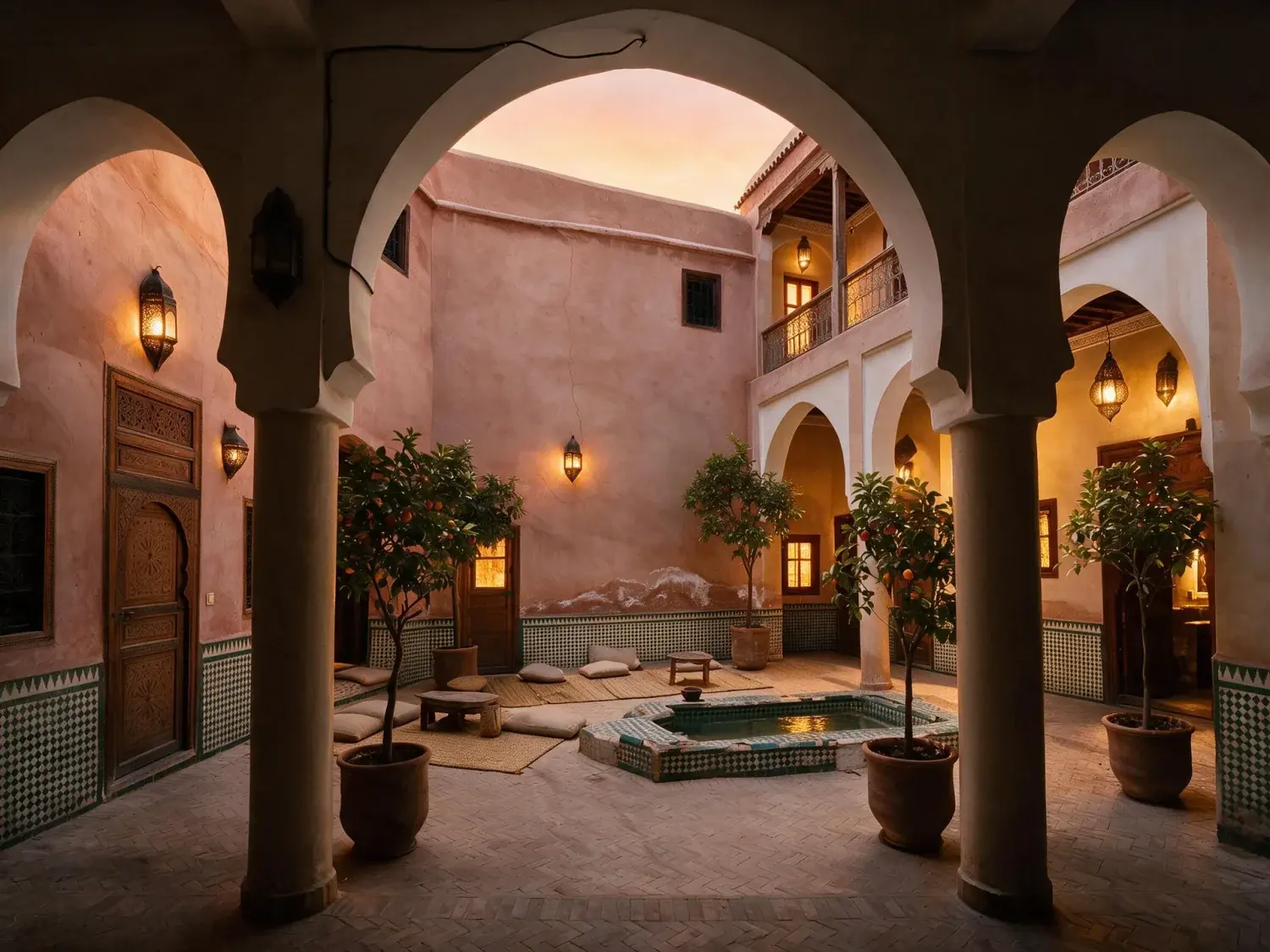 Before and after of the courtyard of a medina riad photographed at flat noon, before the lanterns and the guest-room windows are lit — enhanced by Plotpane