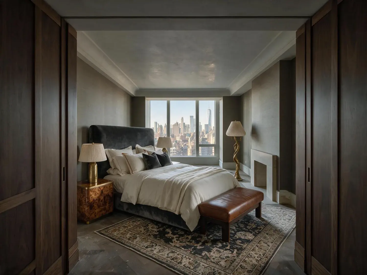 Before and after of an empty high-floor four seasons downtown studio is dressed as a residential sanctuary, its skyline window newly framed by editorial furniture — enhanced by Plotpane