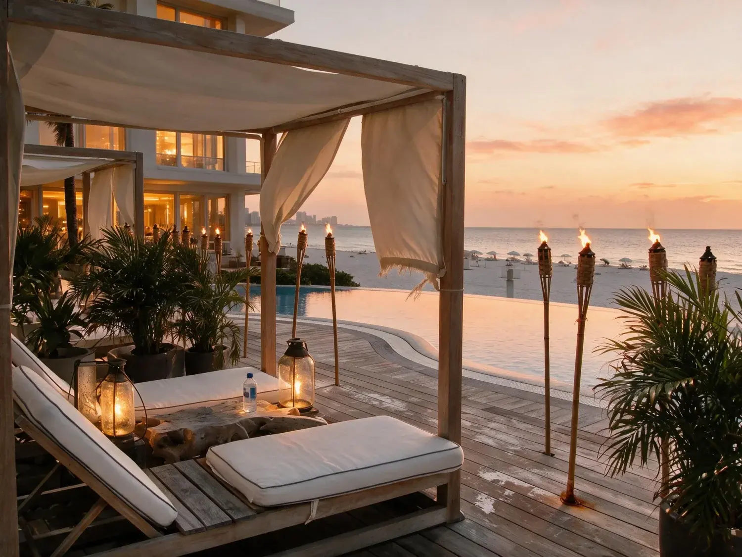 Before and after of a w south beach oceanfront cabana slides from harsh midday into a cinematic miami beach dusk, neon and tiki torches igniting against the atlantic — enhanced by Plotpane