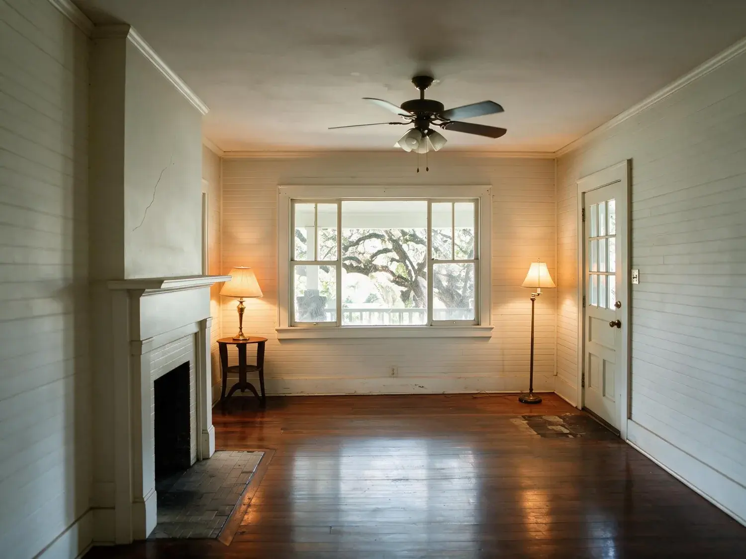 Before and after of a Clarksville bungalow, dim with the porch window overexposed. — enhanced by Plotpane