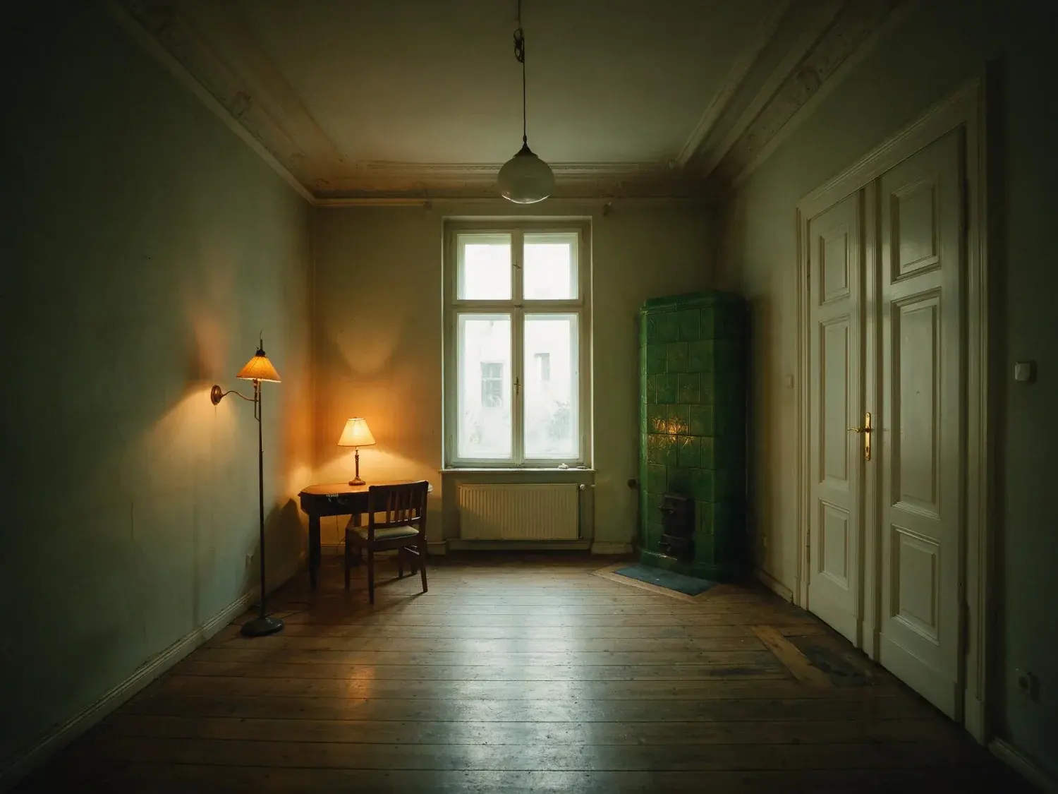Before and after of a Prenzlauer Berg Altbau salon, dim under grey Berlin cloud with the courtyard window blown out. — original listing photo before editing