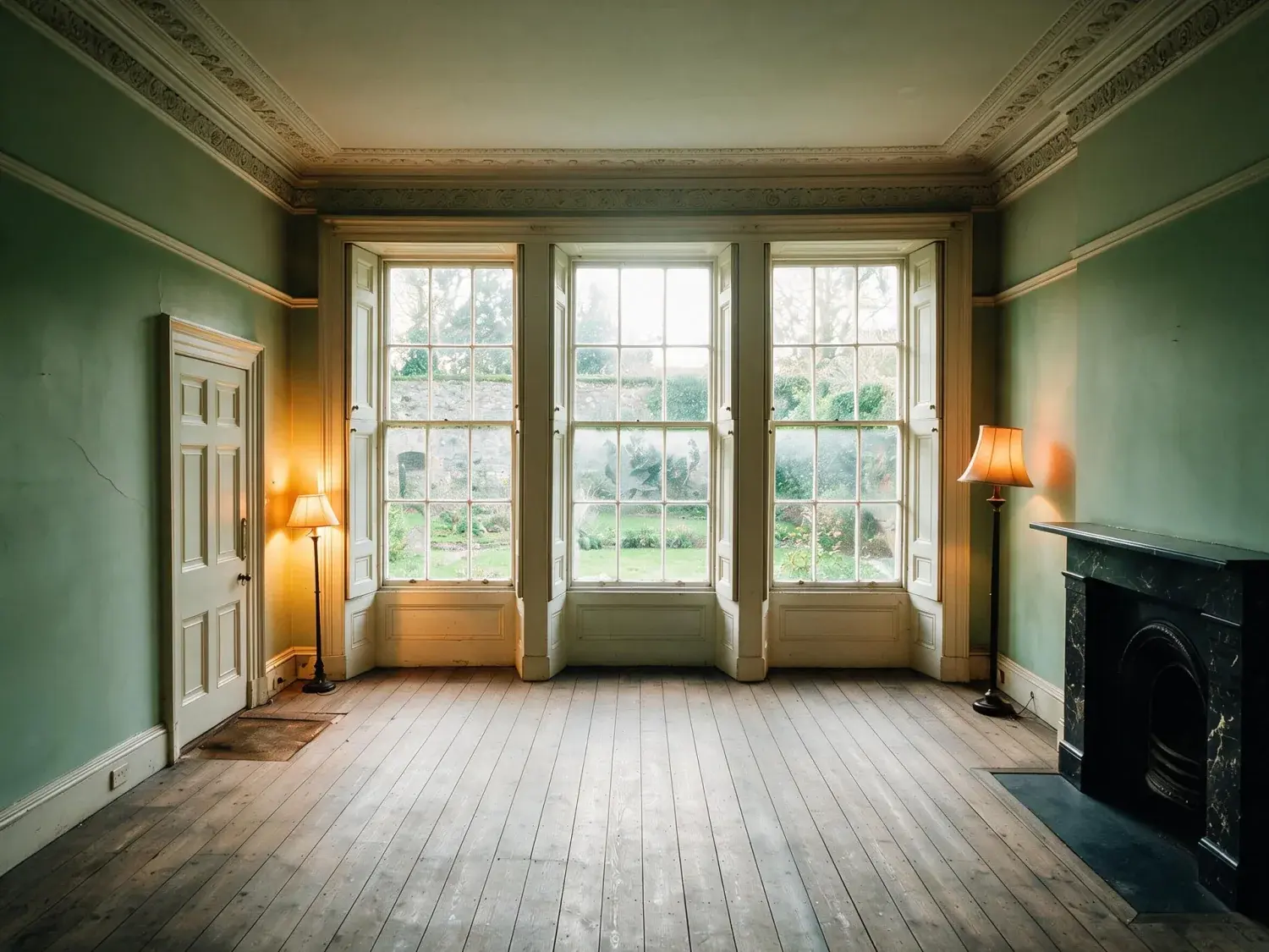 Before and after of a Ballsbridge Georgian room, dark under Irish cloud with the sashes burnt out. — enhanced by Plotpane