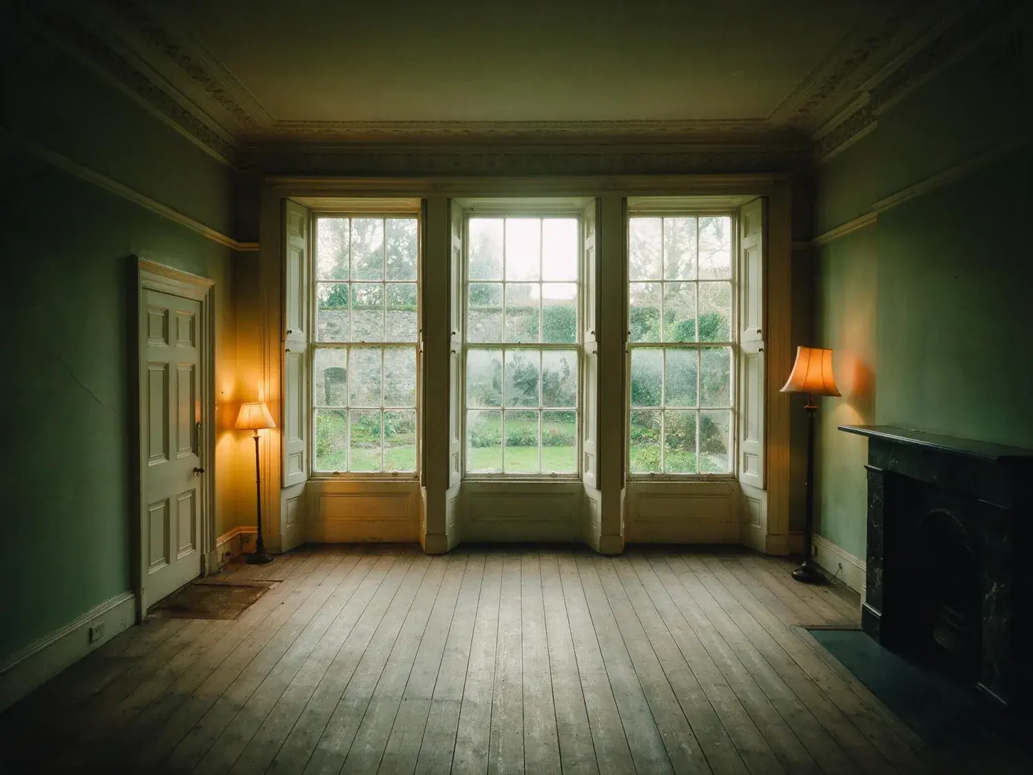 Before and after of a Ballsbridge Georgian room, dark under Irish cloud with the sashes burnt out. — original listing photo before editing