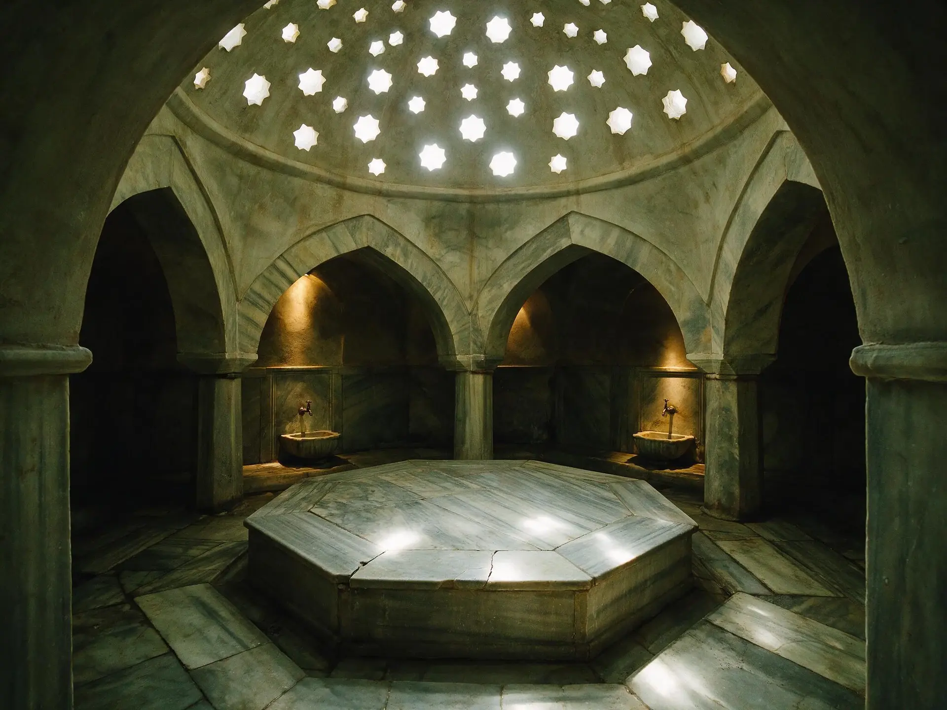 Before and after of an Ottoman hamam hotel spa in Istanbul, exposure and colour corrected. — original listing photo before editing