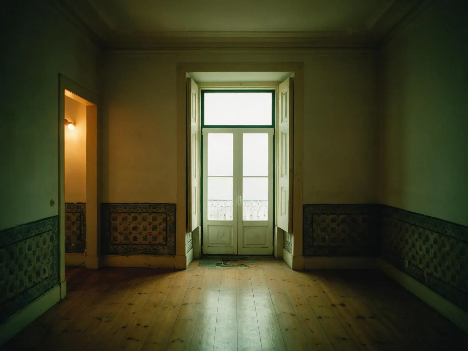 Before and after of a Príncipe Real apartment, dark inside with the river light blown out. — original listing photo before editing