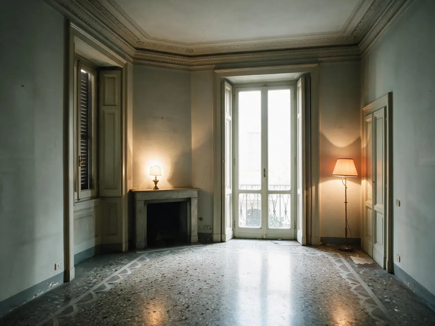 Before and after of a Porta Venezia Liberty apartment, flat and dim with the balcony glare unmanaged. — enhanced by Plotpane