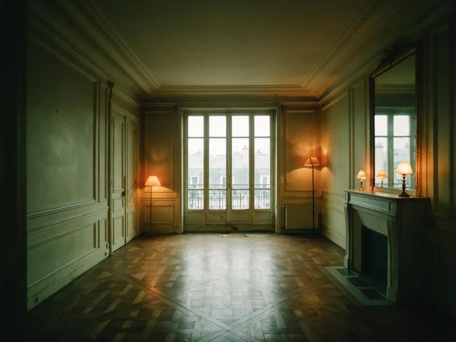 Before and after of a 6e Haussmannian salon, murky under Paris cloud with the balcony doors burnt to white. — original listing photo before editing