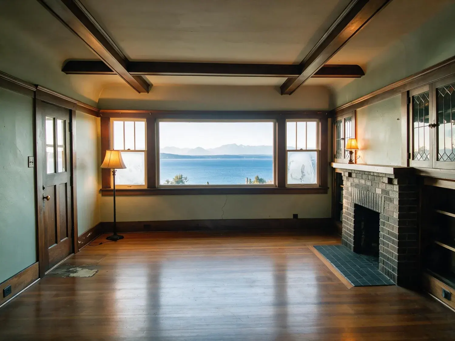 Before and after of a Queen Anne Craftsman room, grey and flat with the bay glare unmanaged. — enhanced by Plotpane