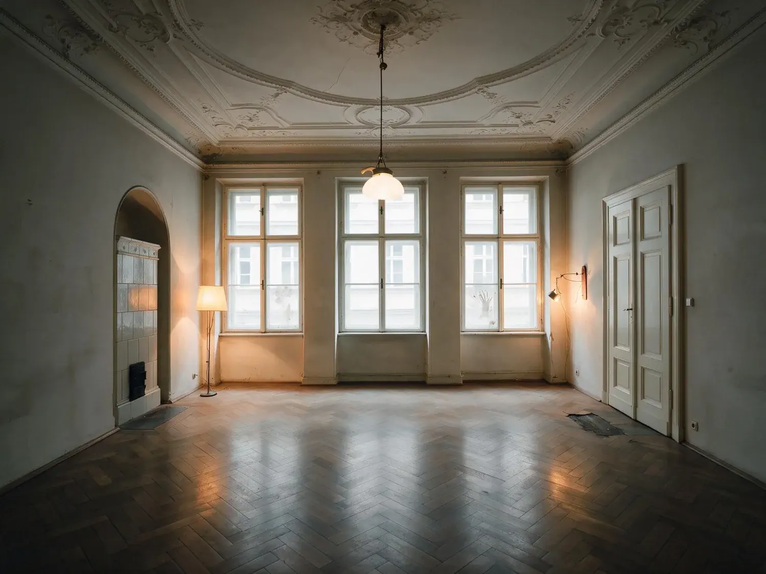 Before and after of a Vienna Innere Stadt Altbau, dim with the street window overexposed. — enhanced by Plotpane