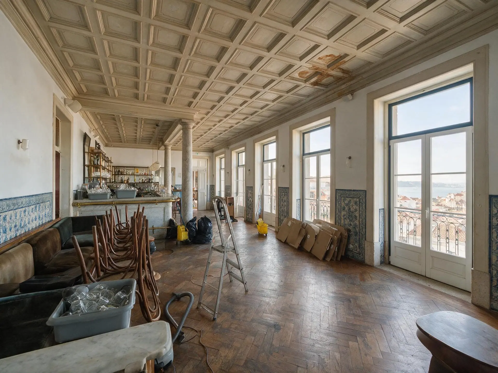 Before and after of a members' club lounge in Lisbon with service clutter removed. — original listing photo before editing