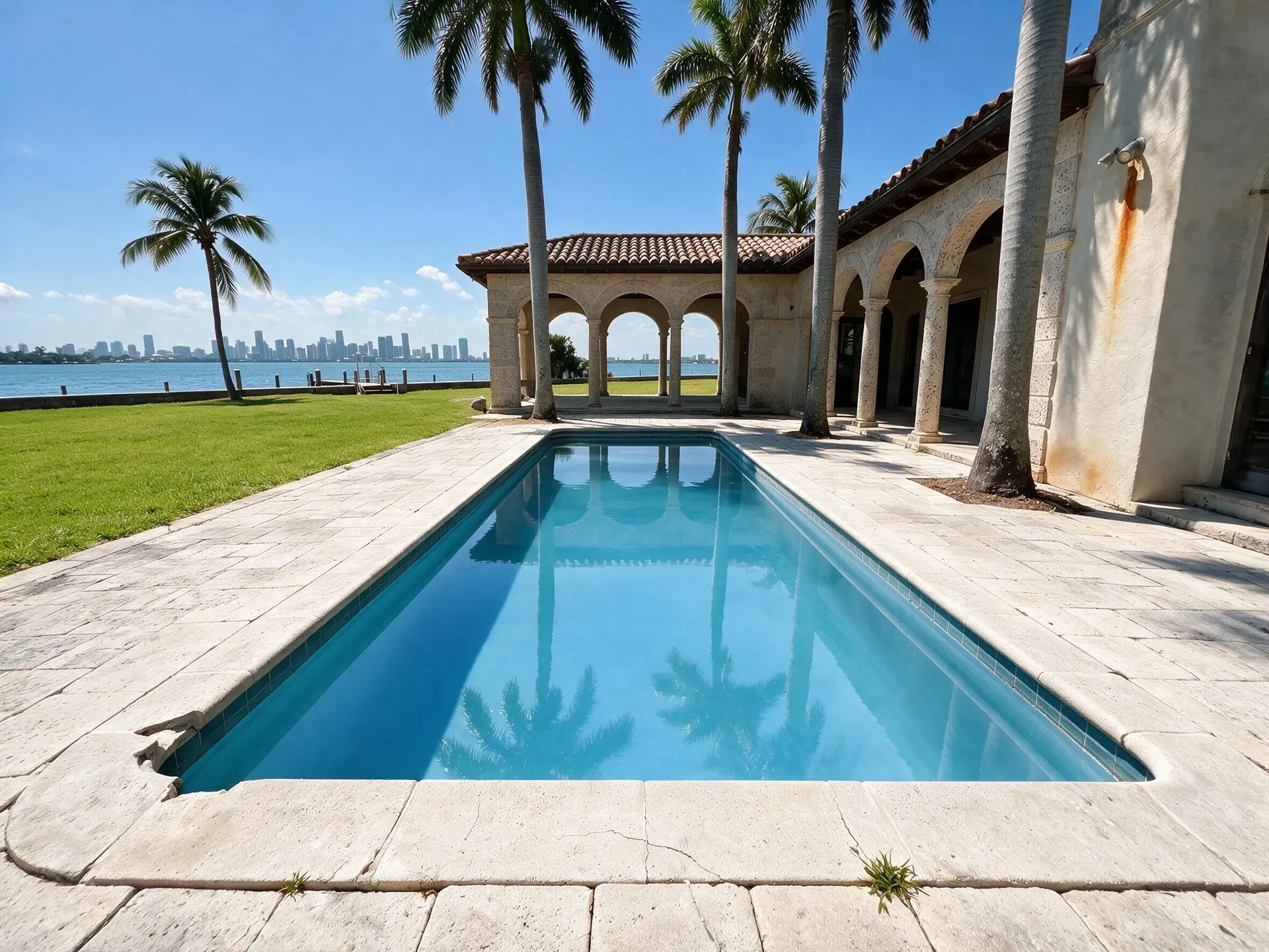 Before and after of a Star Island bayfront estate in Miami Beach with lawn and pool revived — enhanced by Plotpane