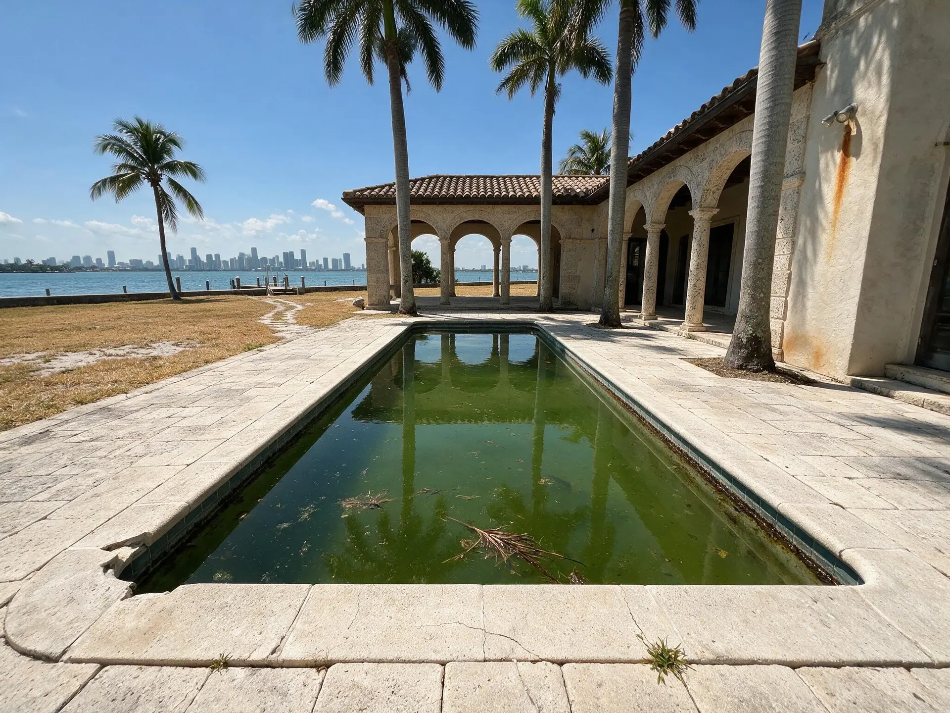 Before and after of a Star Island bayfront estate in Miami Beach with lawn and pool revived — original listing photo before editing
