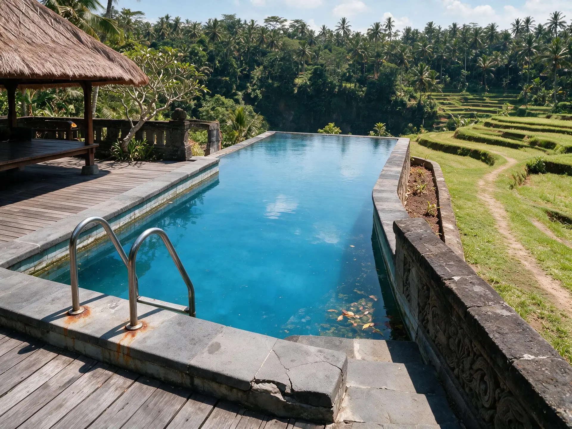 Before and after of a clifftop resort pool terrace in Ubud, Bali, with lawn and pool revived.