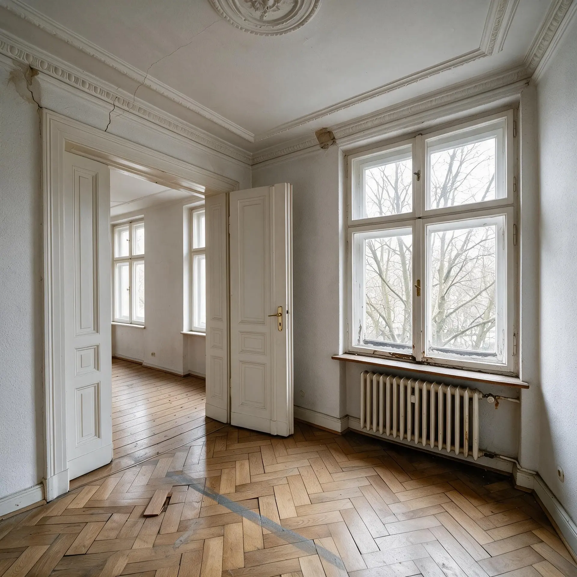 Before and after of a Gründerzeit Altbau reception room in Charlottenburg, Berlin, with leaning walls straightened. — enhanced by Plotpane