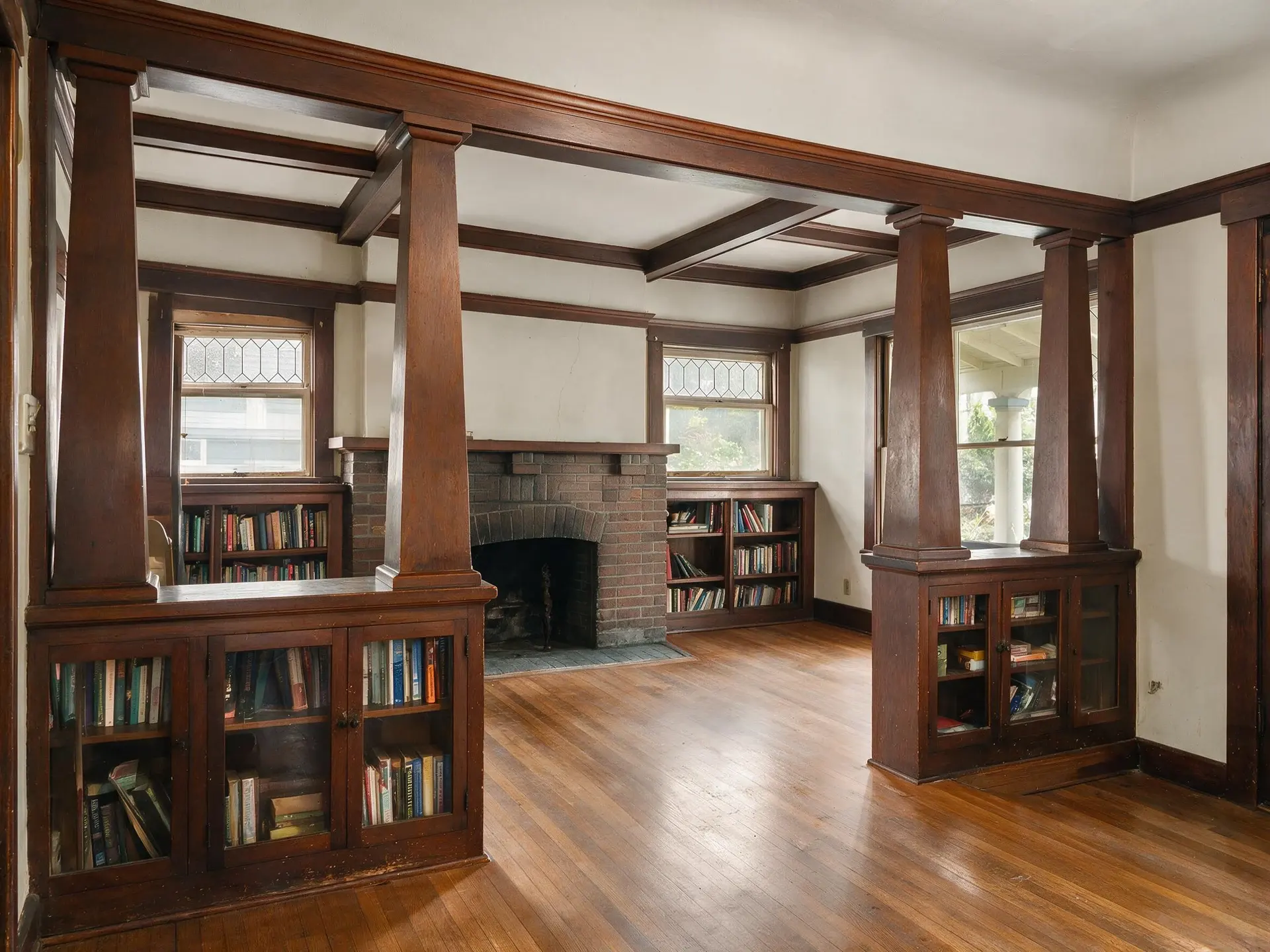 Before and after of a cluttered Craftsman living room on Queen Anne hill, Seattle. — enhanced by Plotpane