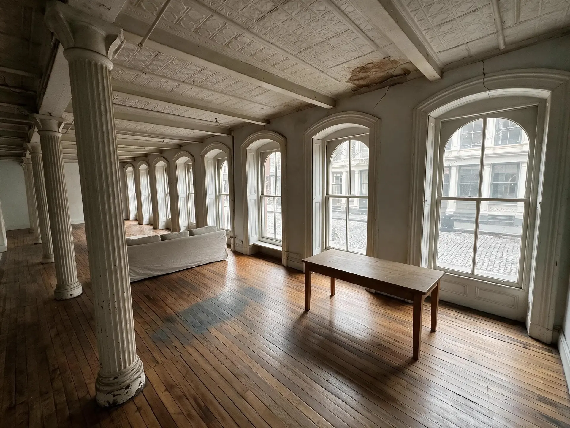 Before and after of a Tribeca cast-iron loft interior in New York with leaning columns straightened — enhanced by Plotpane