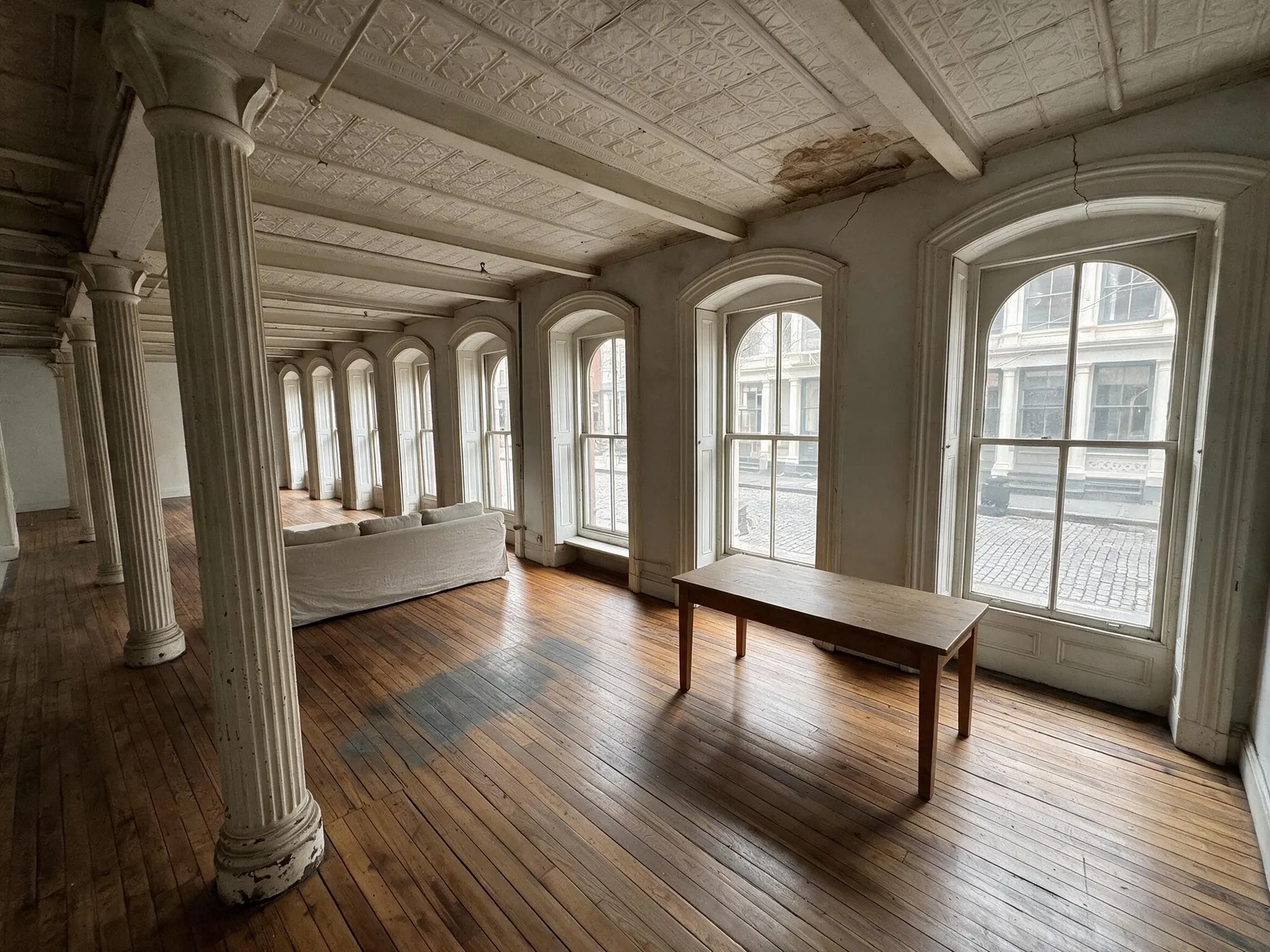 Before and after of a Tribeca cast-iron loft interior in New York with leaning columns straightened — enhanced by Plotpane