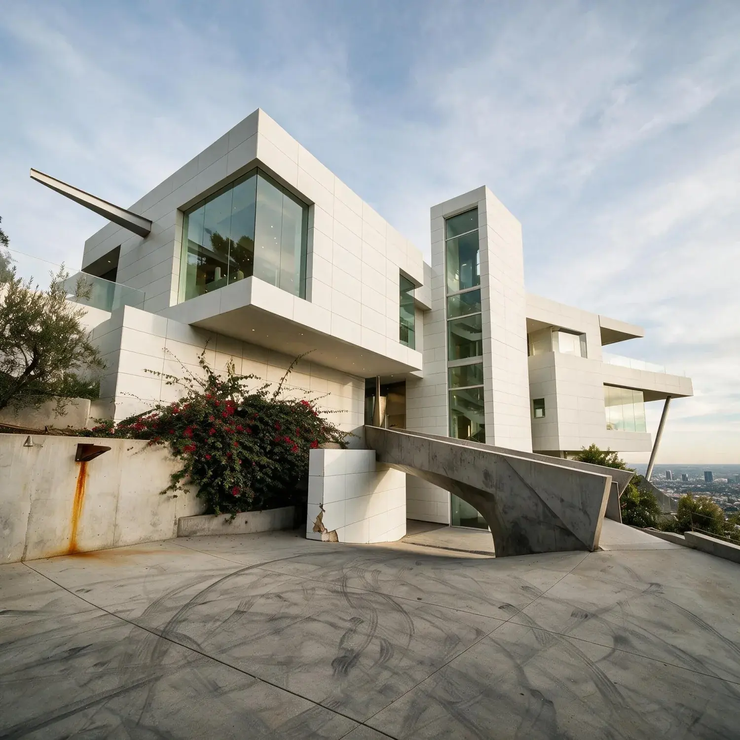 Before and after of a stacked white bel air mansion clings to the ridge, its orthogonal volumes corrected into pure architectural geometry — enhanced by Plotpane