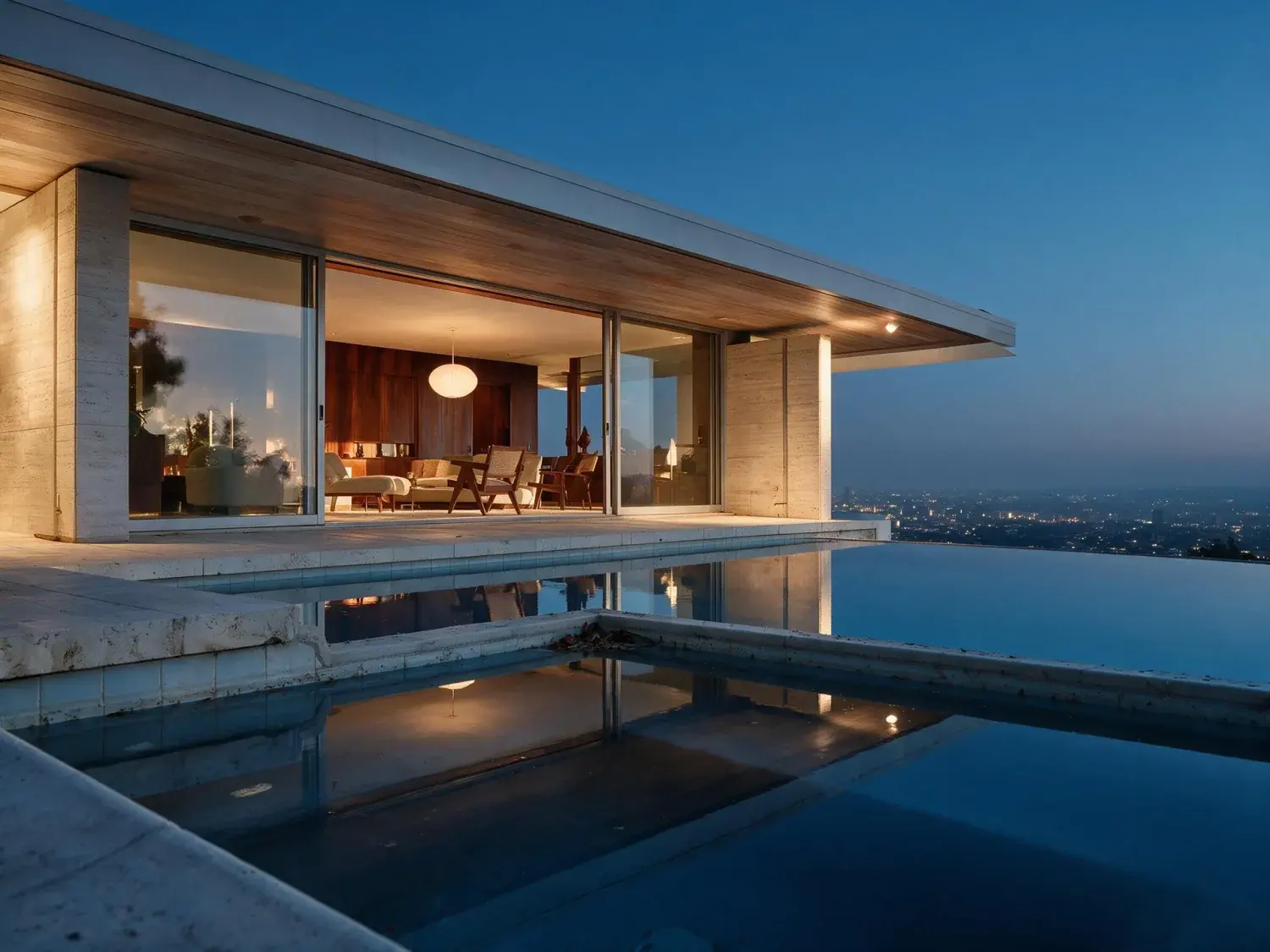 Before and after of a low-slung trousdale modernist glows from within at dusk, its cantilevered roof floating over an infinity pool poised above the la basin — enhanced by Plotpane