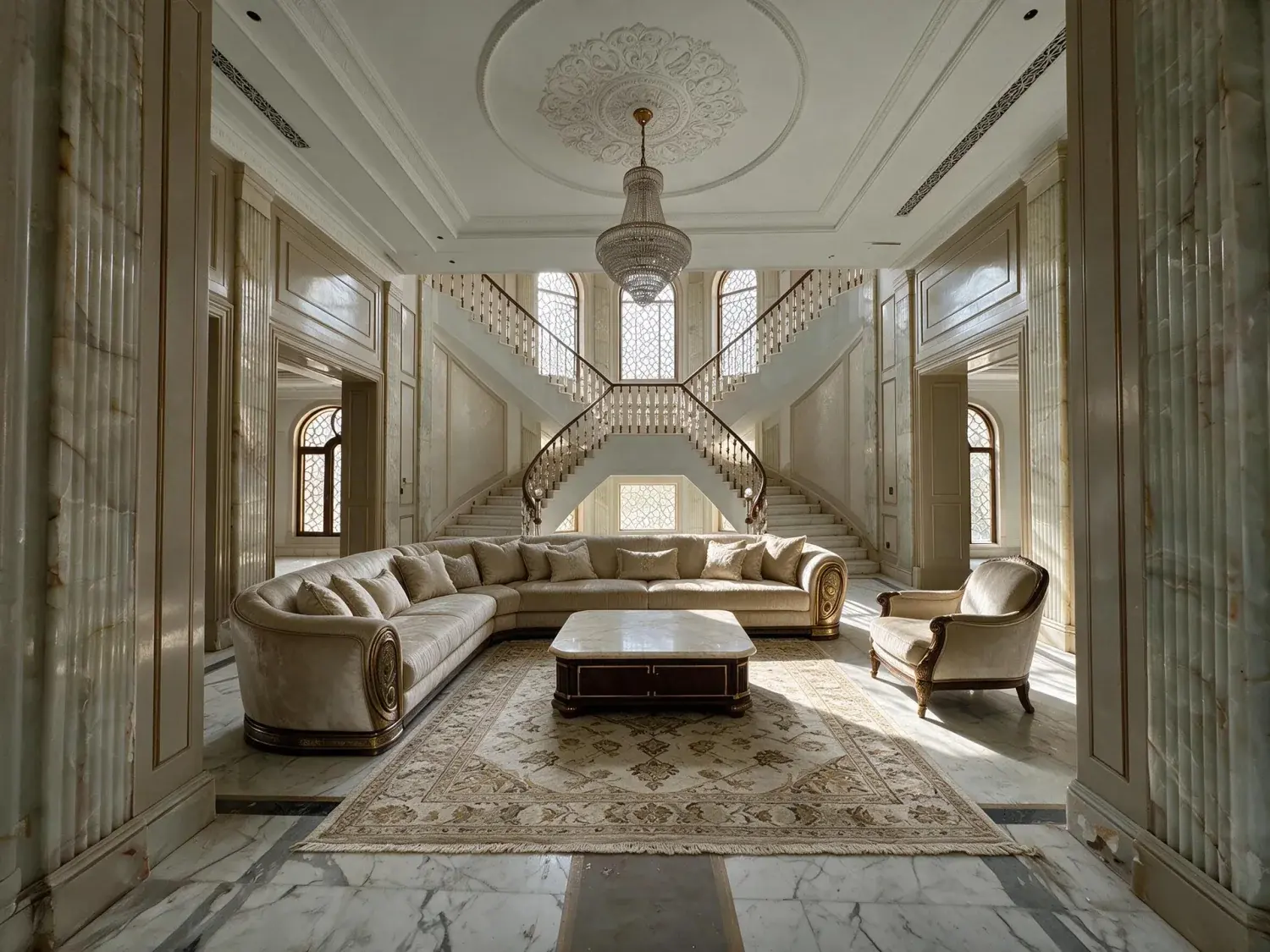 Before and after of an empty triple-height majlis hall in an emirates hills mansion awaits its furniture, its marble floor a silent mirror for a crystal chandelier — enhanced by Plotpane