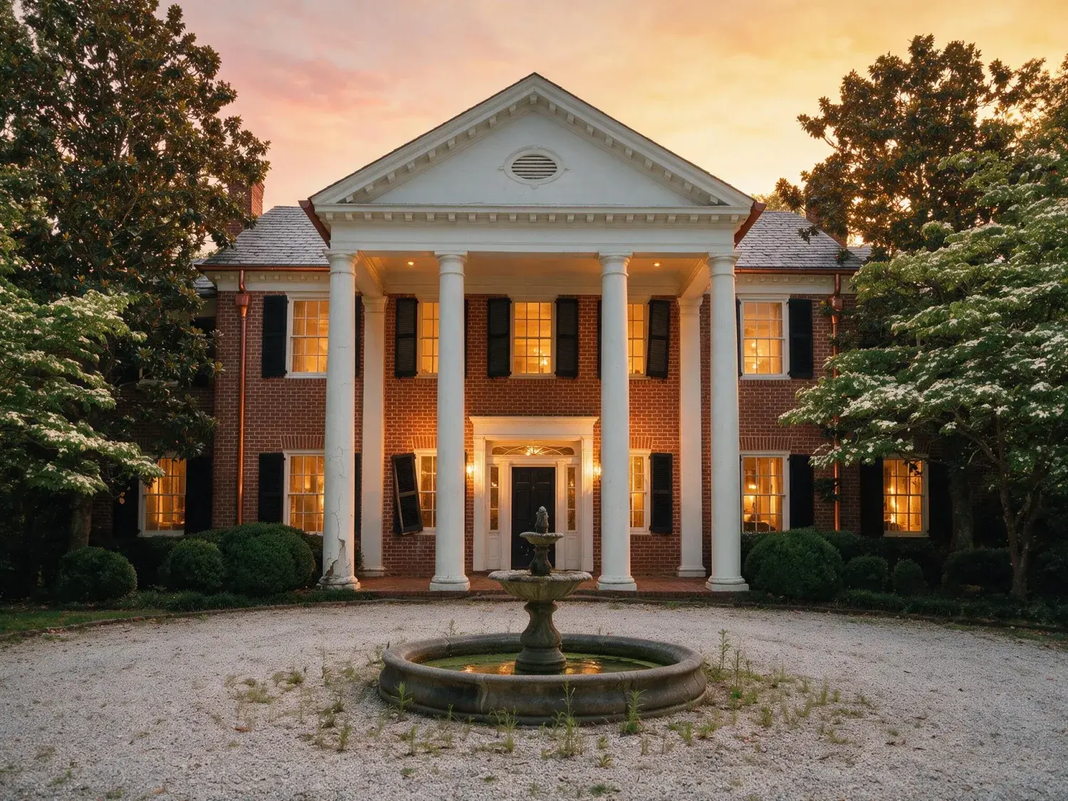 Before and after of a red-brick buckhead plantation-style estate with white columns and magnolia canopy, traded from flat georgia noon to a glowing amber-windowed twilight — enhanced by Plotpane