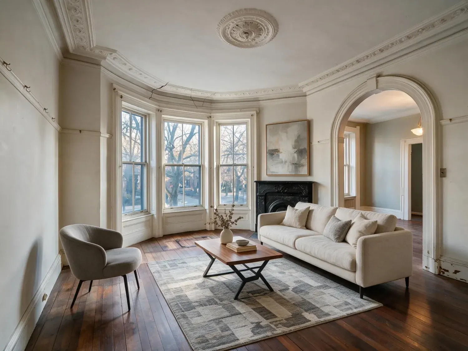 Before and after of a south end boston victorian bowfront parlor with bay windows and original plasterwork — the exact listing that boxbrownie charges $32 per room for, staged here in ~90 seconds at 4k — enhanced by Plotpane