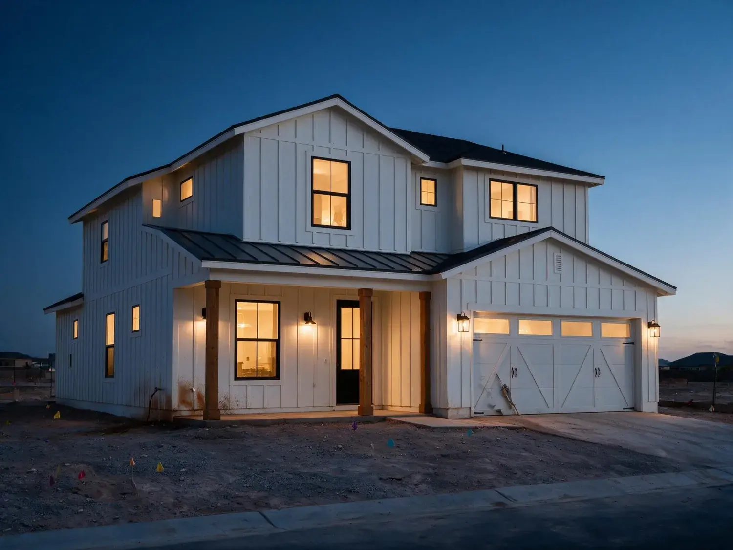 Before and after of the hero model home in a new master-planned community at the exact blue-hour minute when a buyer decides to pull into the sales center — enhanced by Plotpane