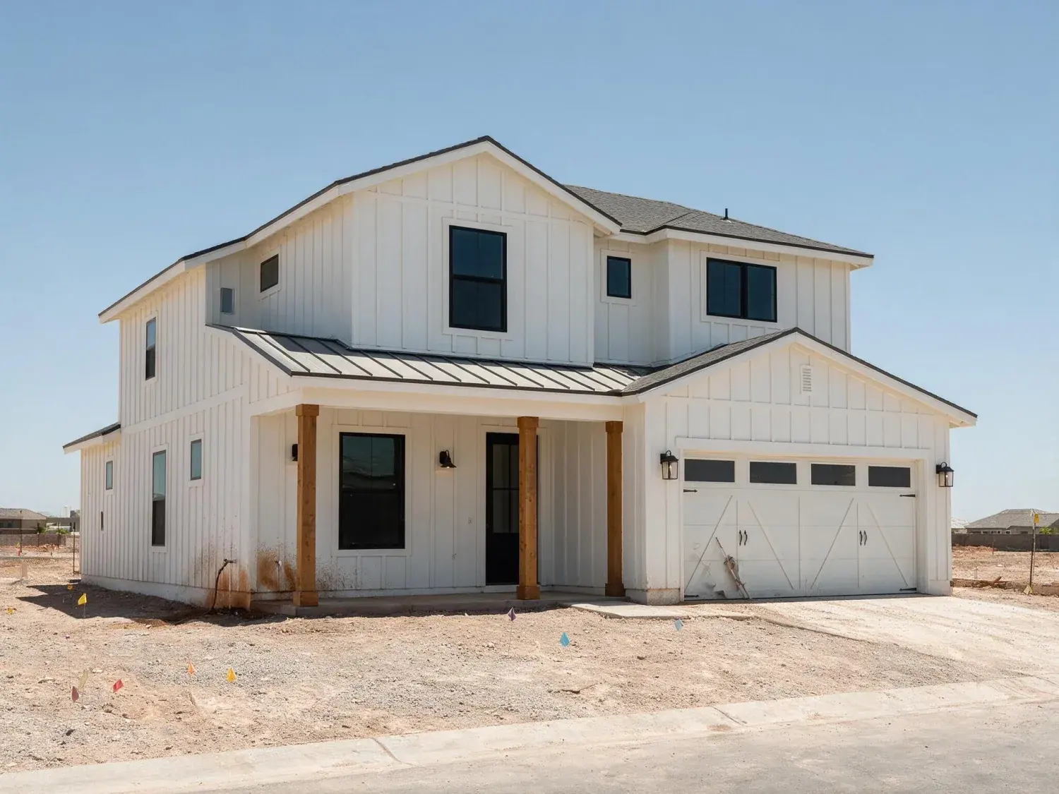 Before and after of the hero model home in a new master-planned community at the exact blue-hour minute when a buyer decides to pull into the sales center — original listing photo before editing