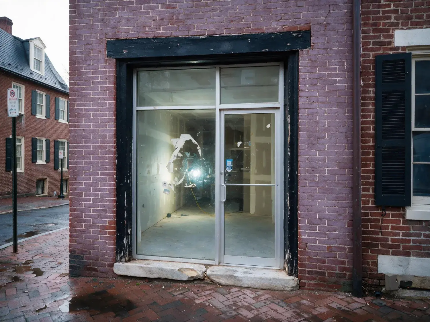 Before and after of a federal-era georgetown m street rowhouse ground-floor retail bay between tenants — a tired broker phone shot restored to a costar-worthy mixed-use marketing hero — enhanced by Plotpane