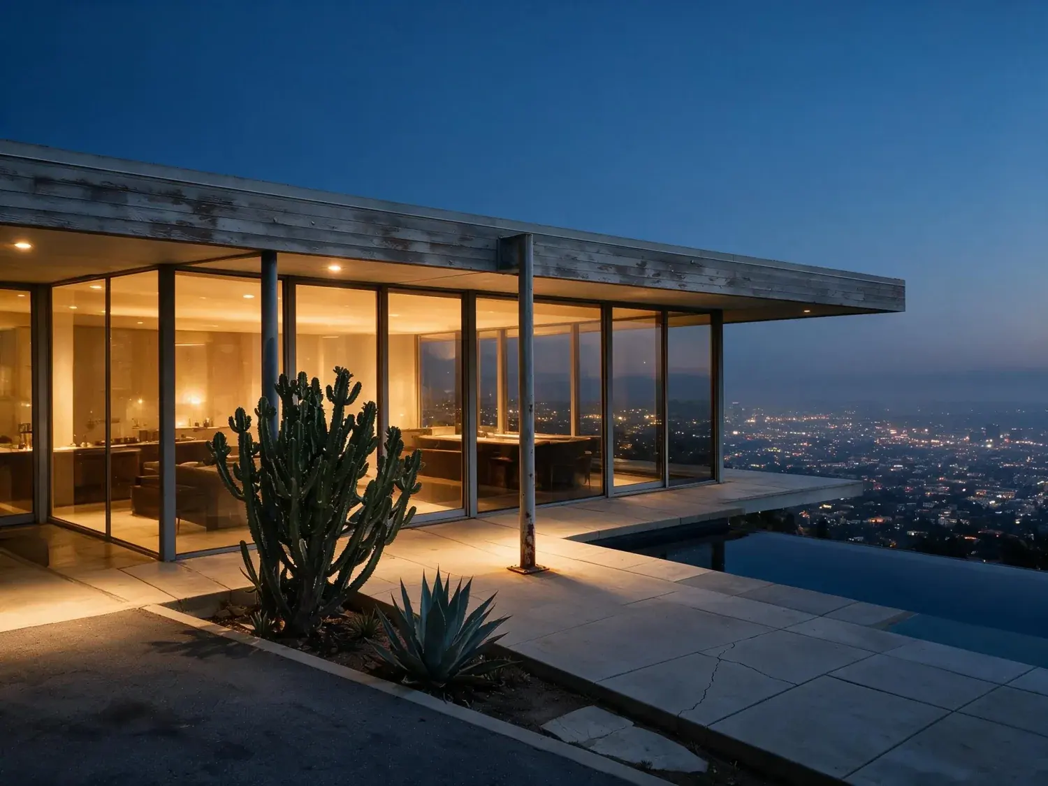 Before and after of a neutra-inflected bird streets cantilever spreads over the city-lights carpet below — flipped from hard midday glare to a slim aarons-register twilight — enhanced by Plotpane