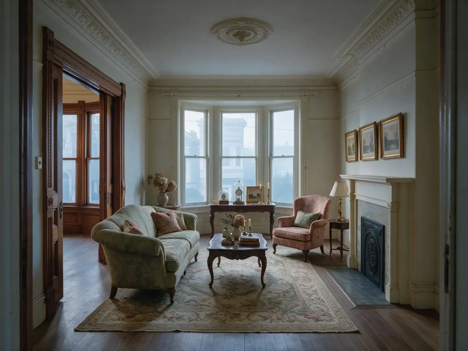 Before and after of a double-parlor nob hill victorian with original plaster, pocket doors and bay window — emptied to its historic bones and waiting to be furnished — enhanced by Plotpane