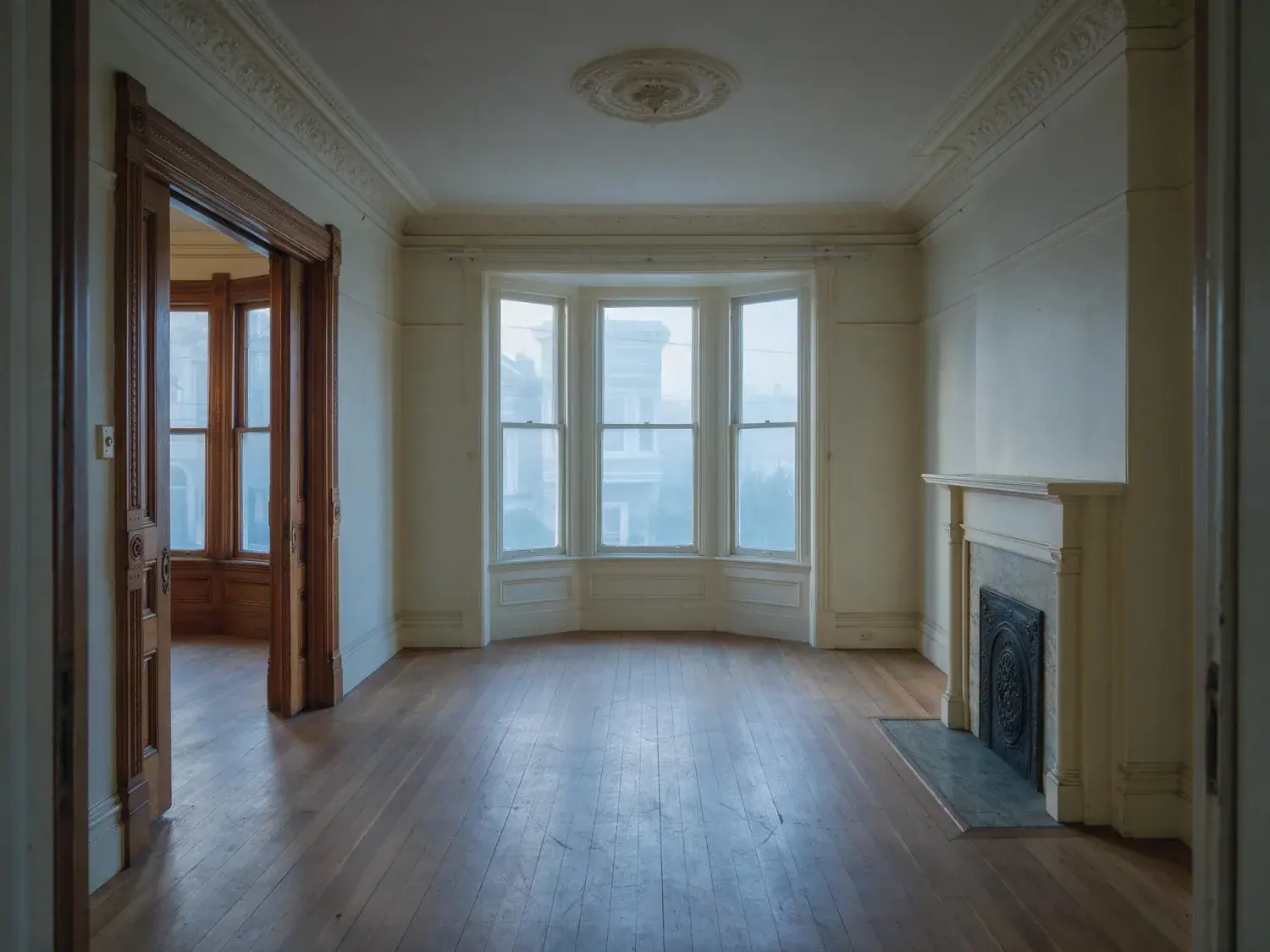 Before and after of a double-parlor nob hill victorian with original plaster, pocket doors and bay window — emptied to its historic bones and waiting to be furnished — original listing photo before editing
