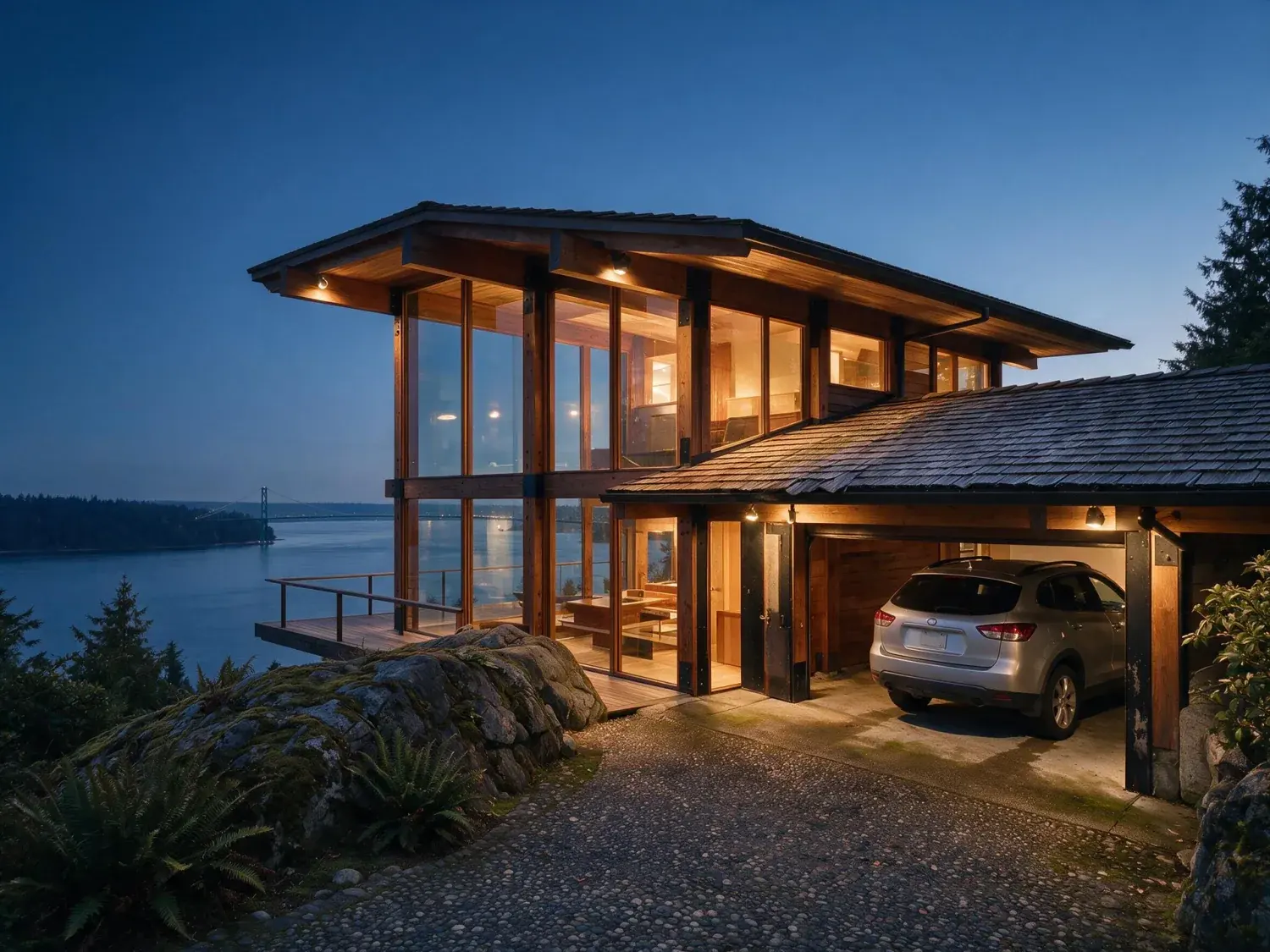 Before and after of a cantilevered west vancouver glass house captured under flat pacific northwest overcast and relit to cobalt-to-ember civil twilight with lions gate bridge catching the last rose light — enhanced by Plotpane