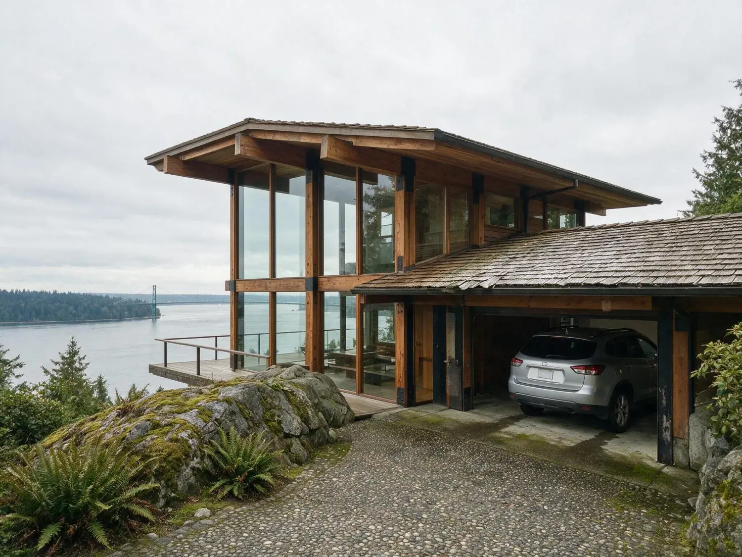 Before and after of a cantilevered west vancouver glass house captured under flat pacific northwest overcast and relit to cobalt-to-ember civil twilight with lions gate bridge catching the last rose light — original listing photo before editing