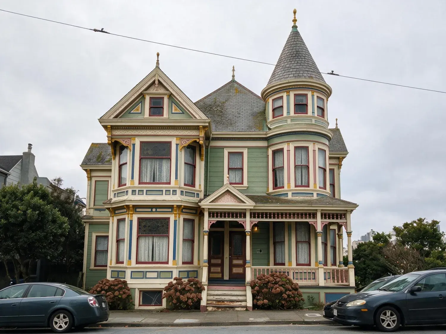Before and after of an 1887 queen anne painted lady on alamo square with wavy cylinder glass and original slate — recovered into a circa old houses editorial hero without violating preservation disclosure — enhanced by Plotpane