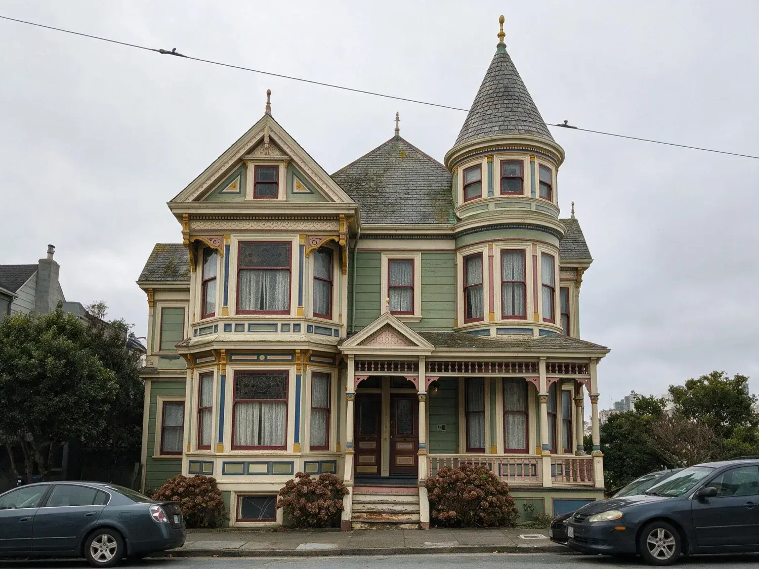 Before and after of an 1887 queen anne painted lady on alamo square with wavy cylinder glass and original slate — recovered into a circa old houses editorial hero without violating preservation disclosure — original listing photo before editing