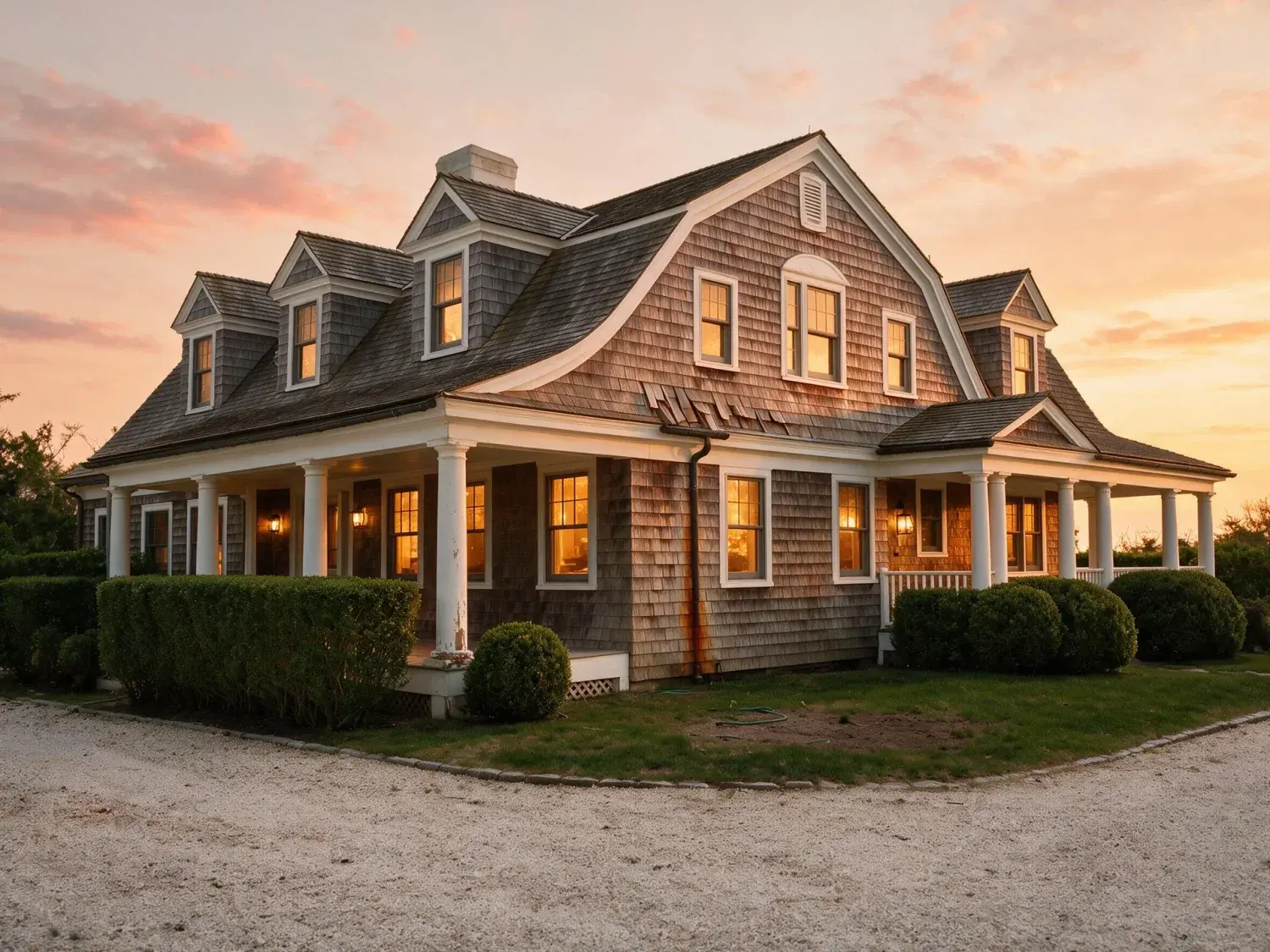 Before and after of a weathered-cedar hamptons estate with wraparound porch and manicured privet hedges, transformed from flat noon to a magazine-cover blue-hour portrait — enhanced by Plotpane