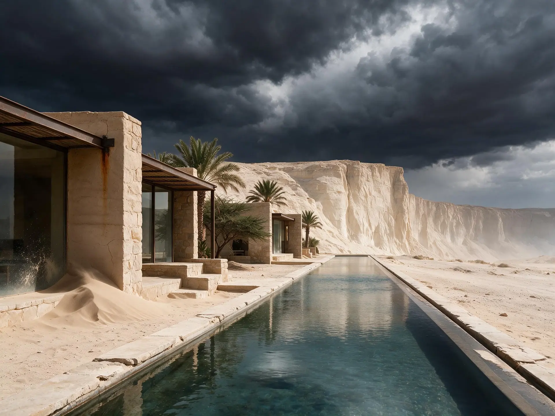 Before and after of a sandstone-canyon desert resort in AlUla with the flat sky replaced.