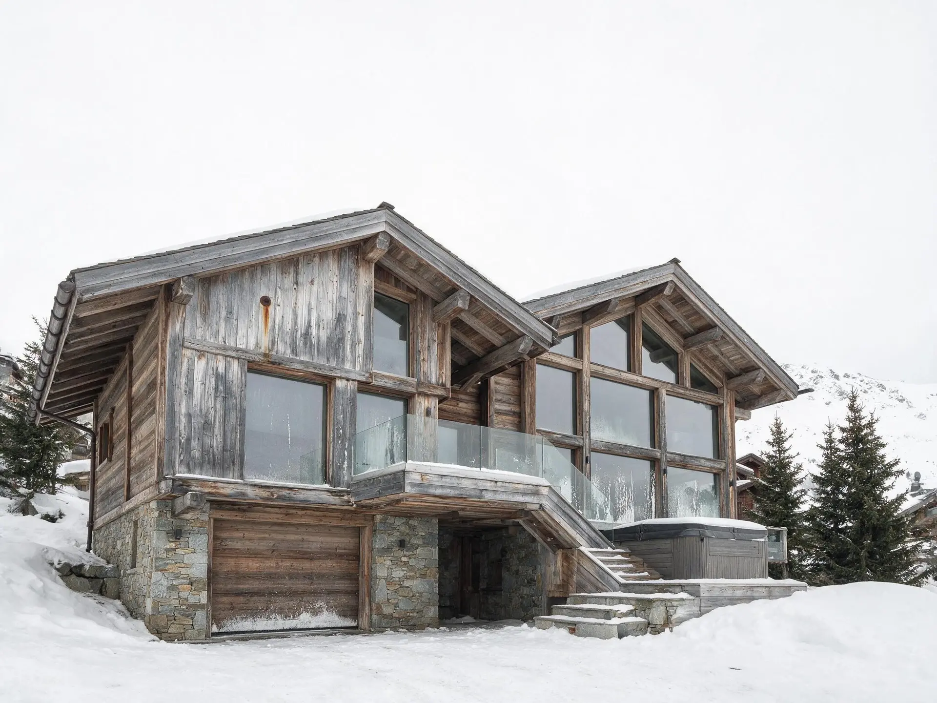 Before and after of a glass-gabled Courchevel 1850 chalet in the French Alps with the sky replaced. — original listing photo before editing