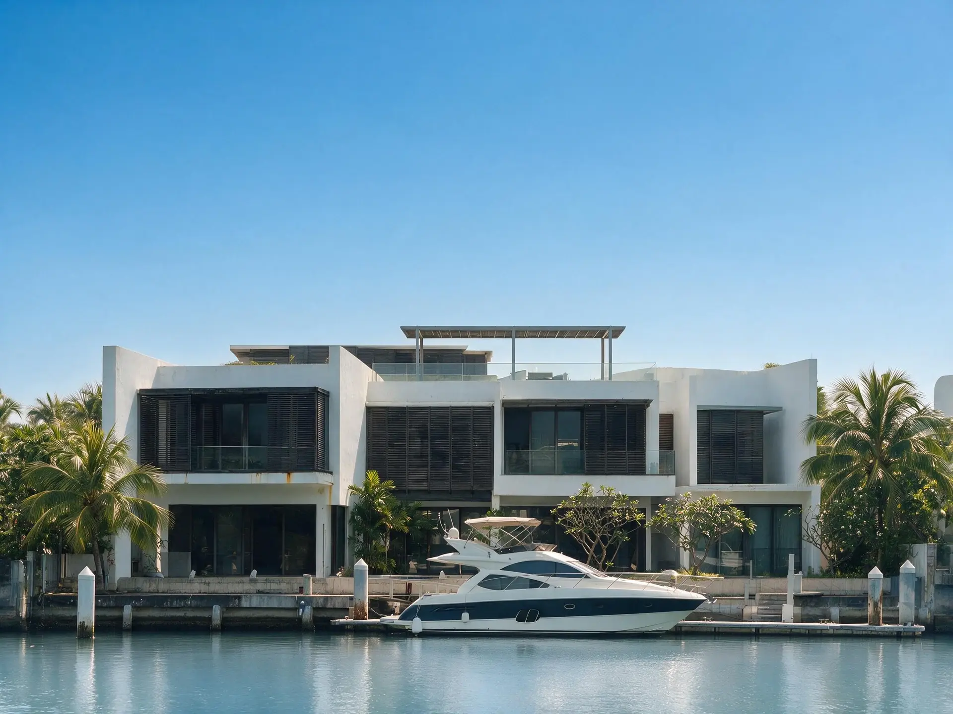 Before and after of a waterfront bungalow with a private berth at Sentosa Cove, Singapore. — enhanced by Plotpane