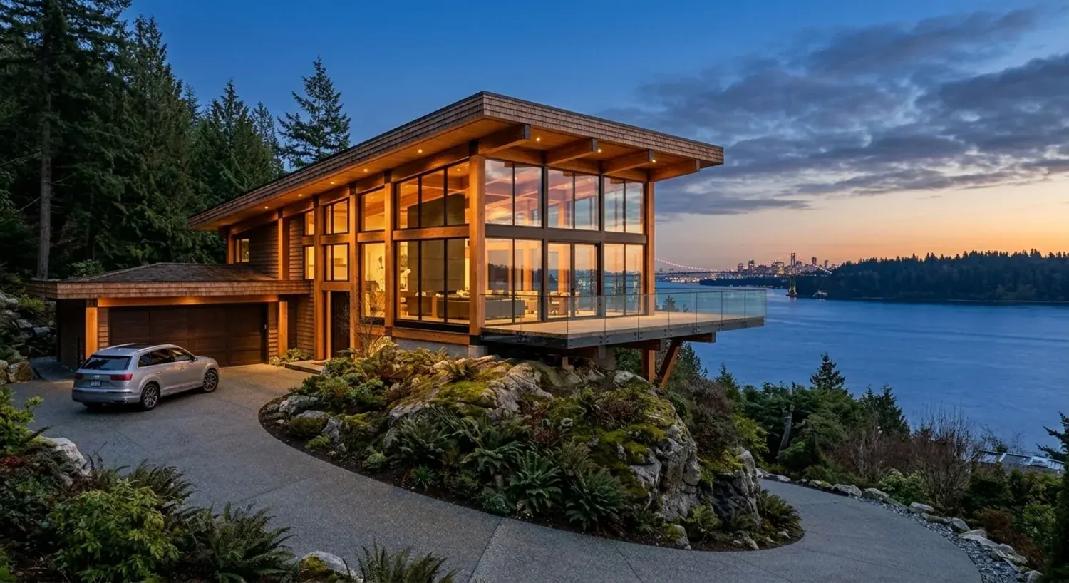 Before and after of a modern home with cool twilight treatment. — enhanced by Plotpane