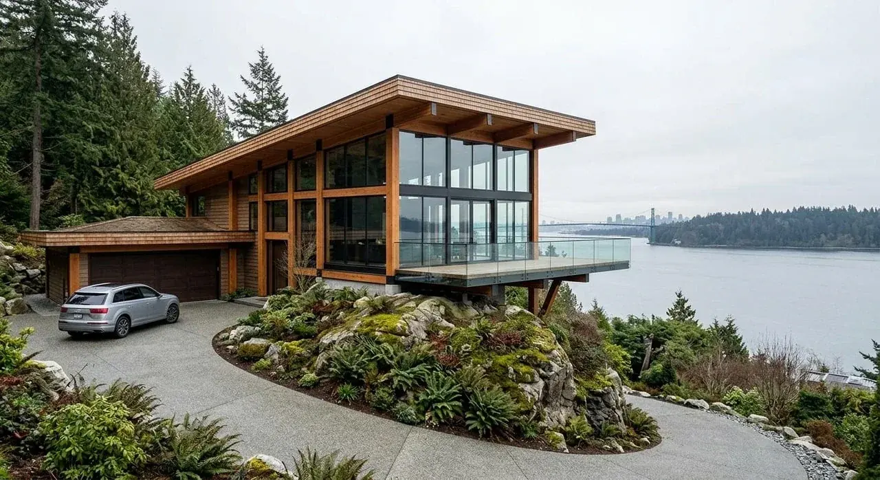 Before and after of a modern home with cool twilight treatment. — original listing photo before editing