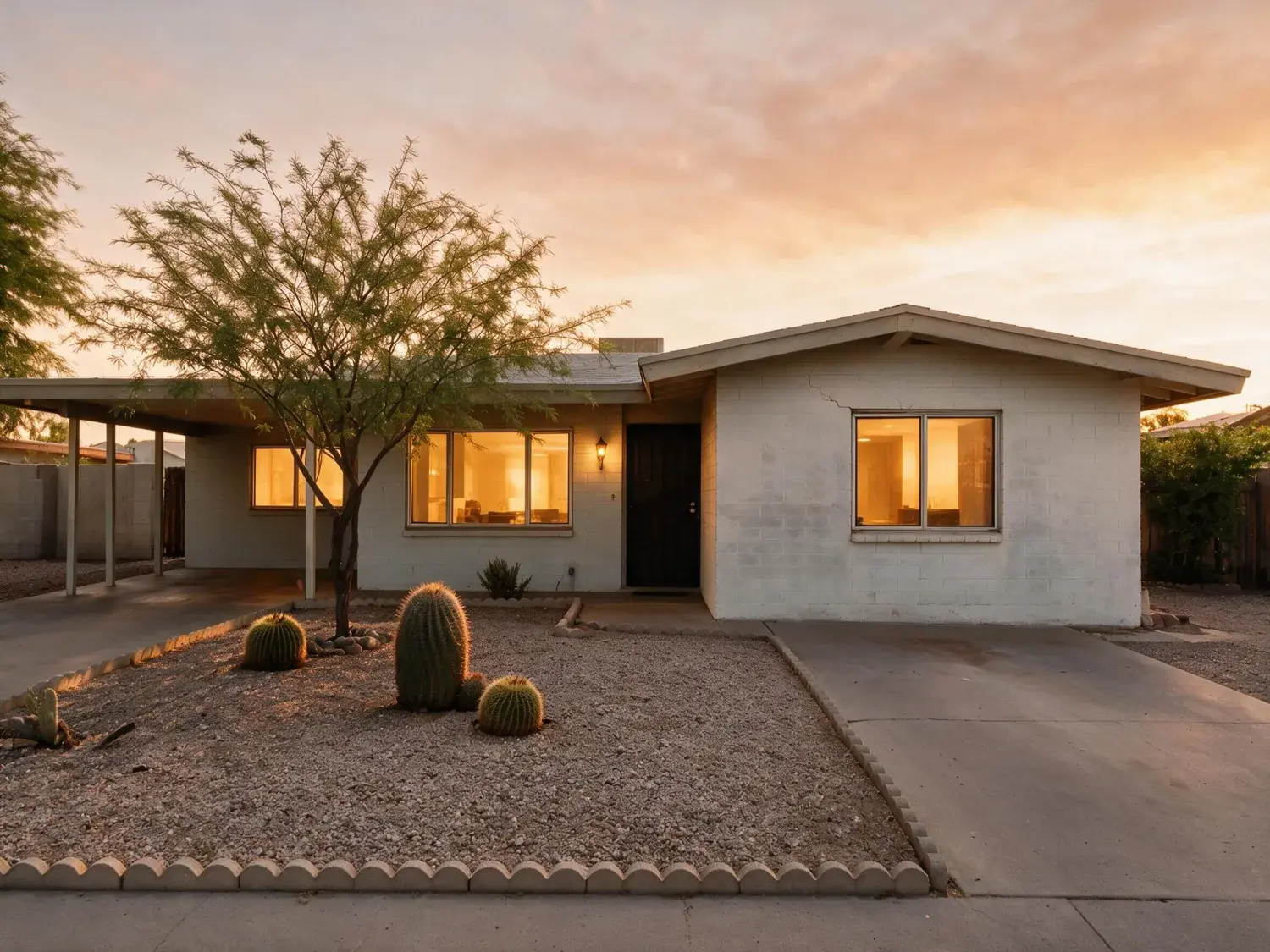 Before and after of a phoenix ranch front elevation shot at eleven in the morning in june, when the light is at its worst — enhanced by Plotpane